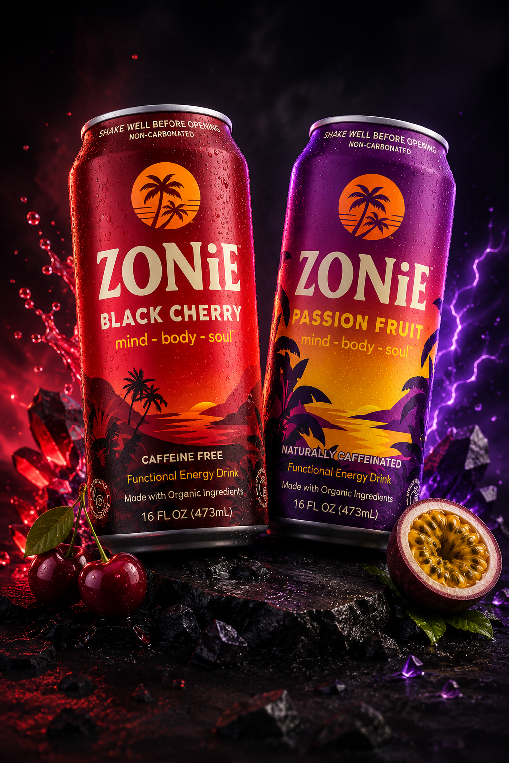 ZONiE Black Cherry and Passion Fruit cans together